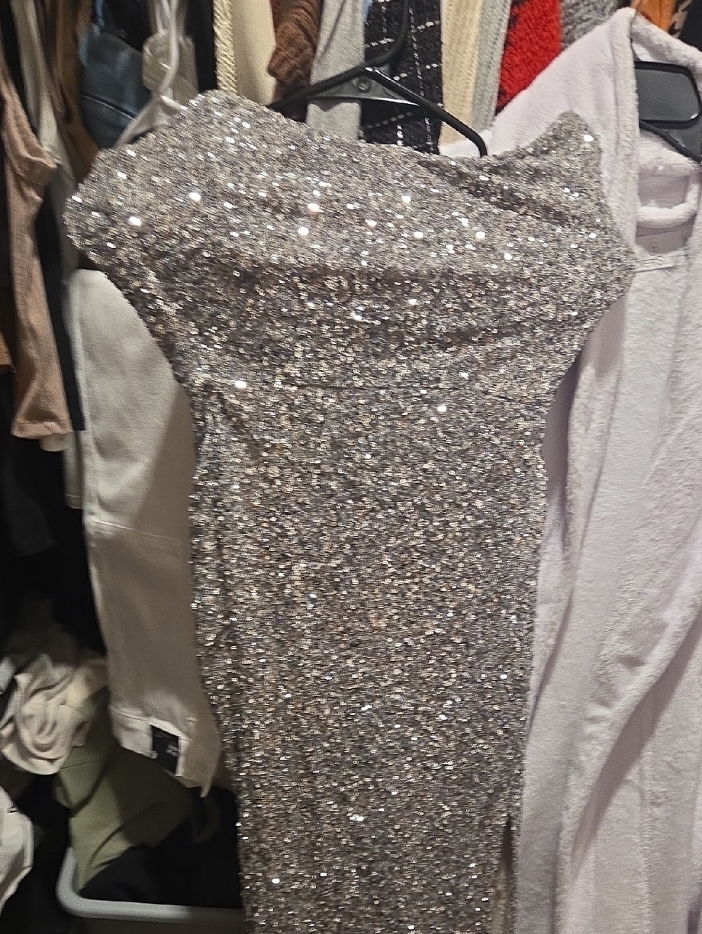 Oh Polly Silver Sequin Strapless Evening Dress